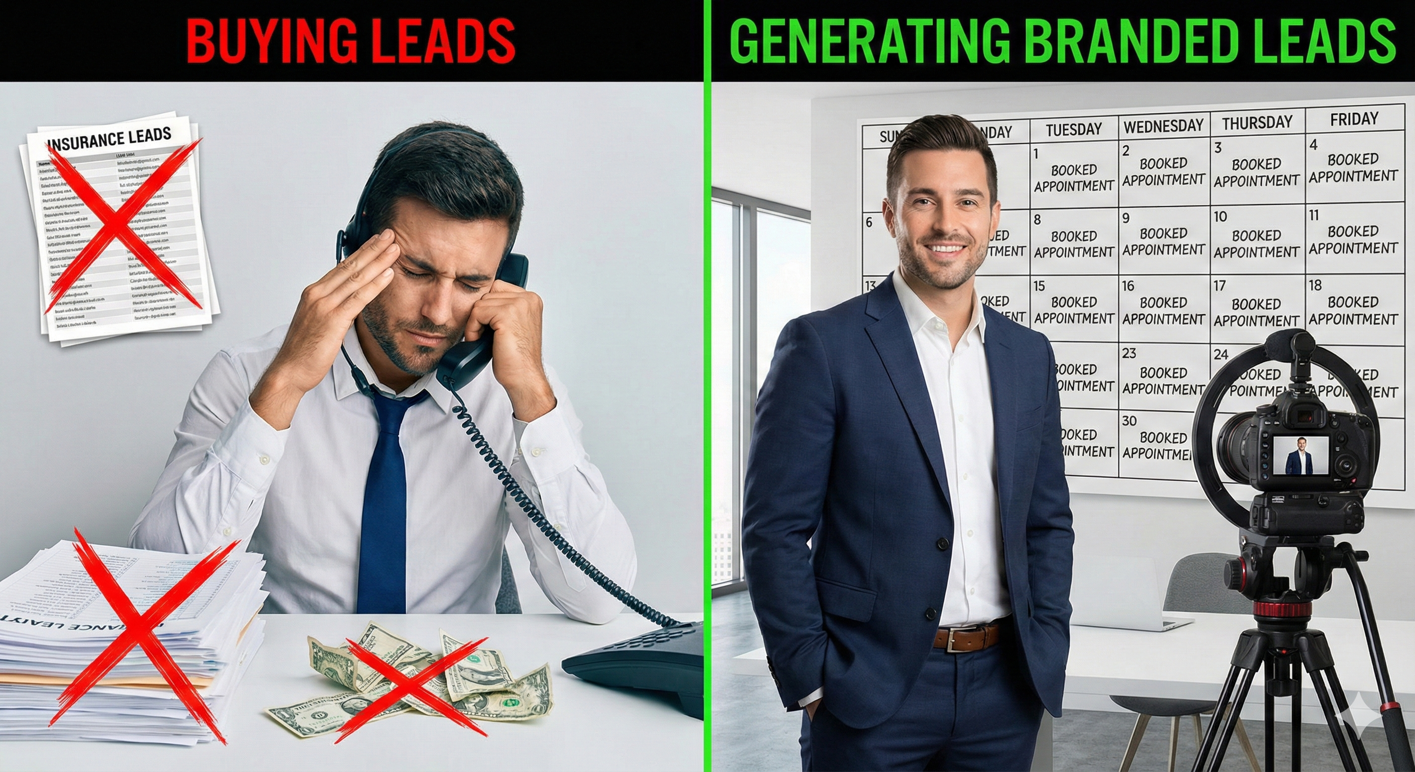 Insurance agent comparing traditional lead buying vs branded lead generation