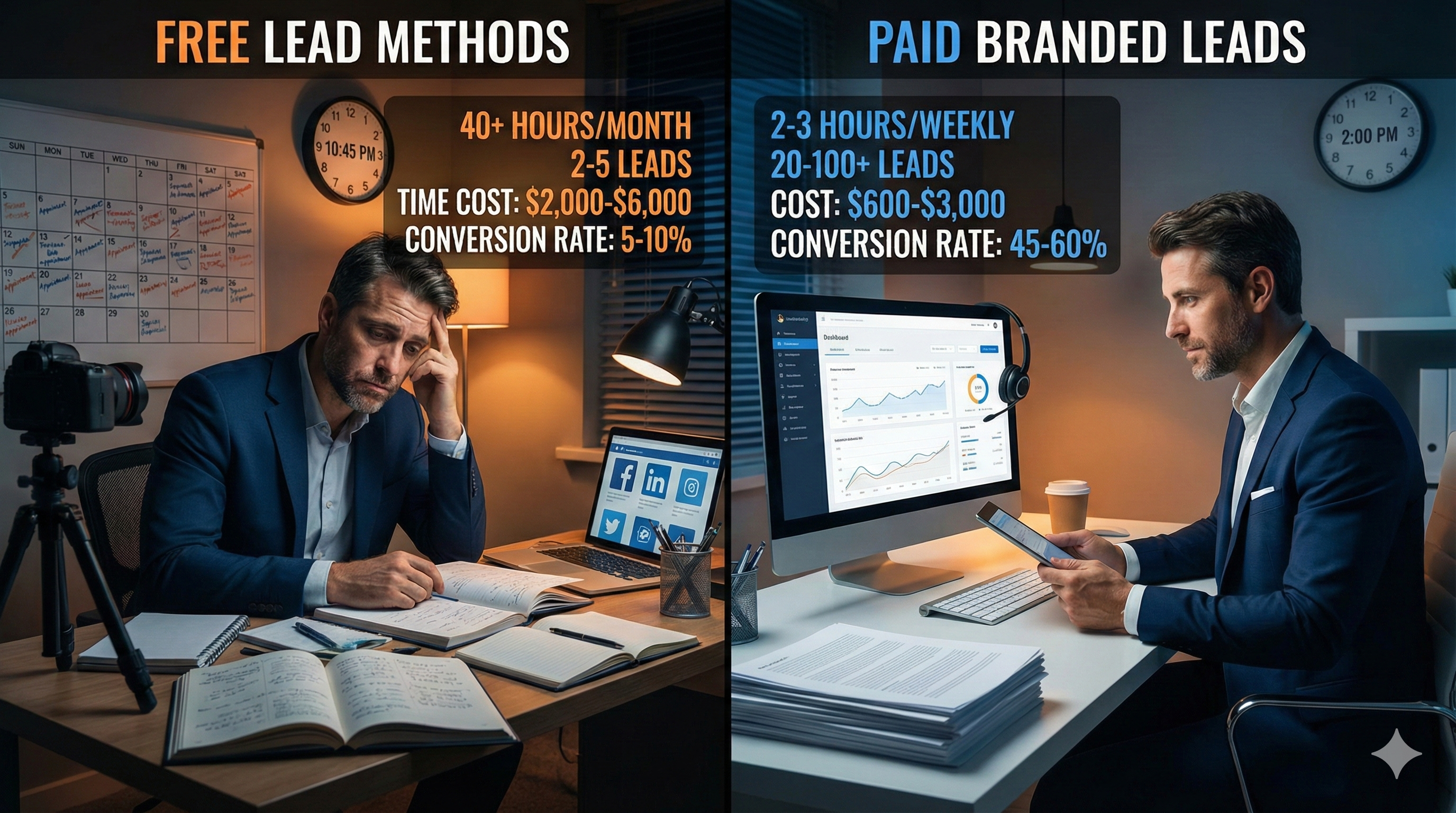 Split-screen comparison of free vs paid life insurance lead generation methods