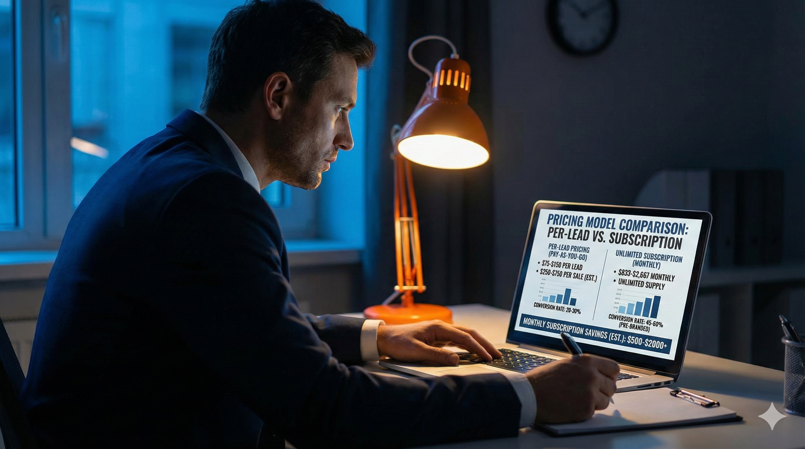Life insurance agent comparing per-lead pricing vs unlimited subscription pricing models