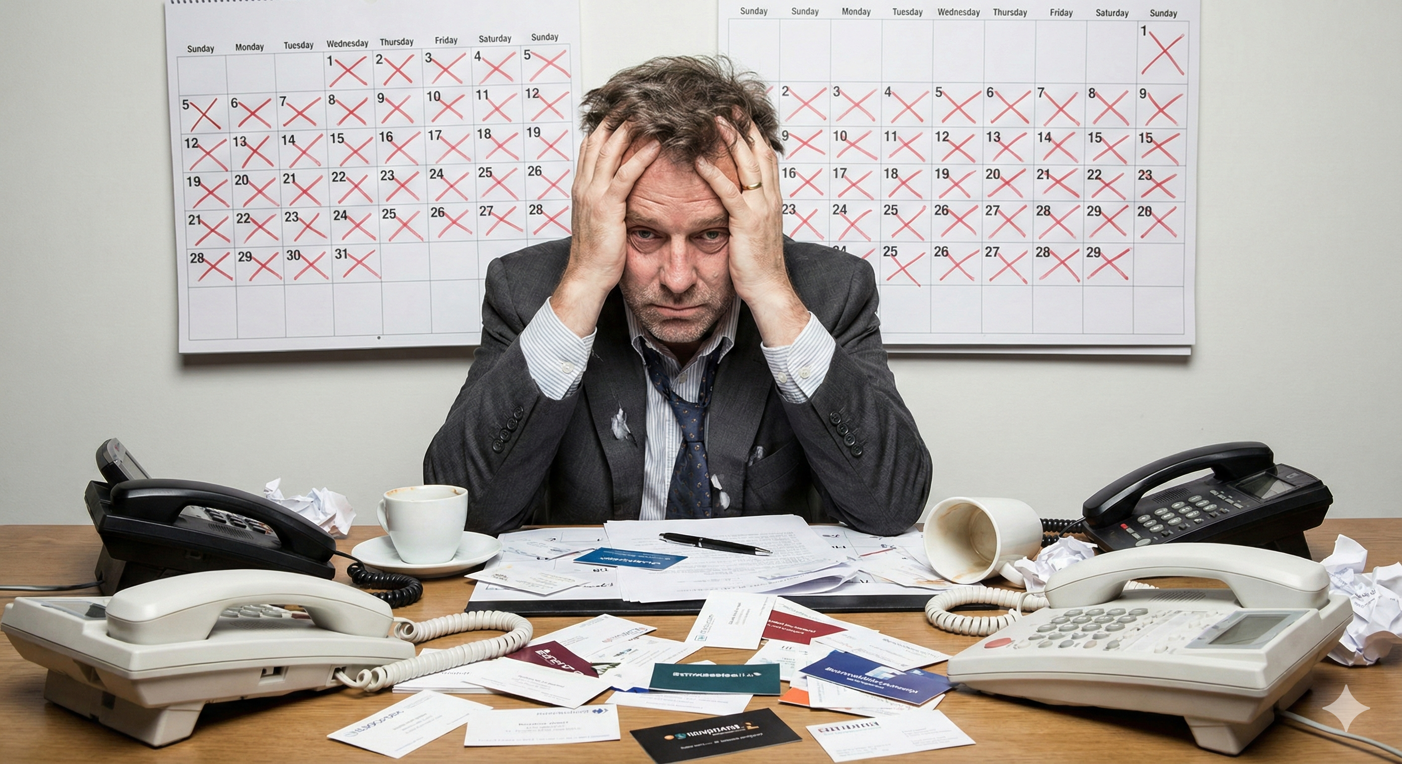 Frustrated financial advisor surrounded by failed prospecting methods