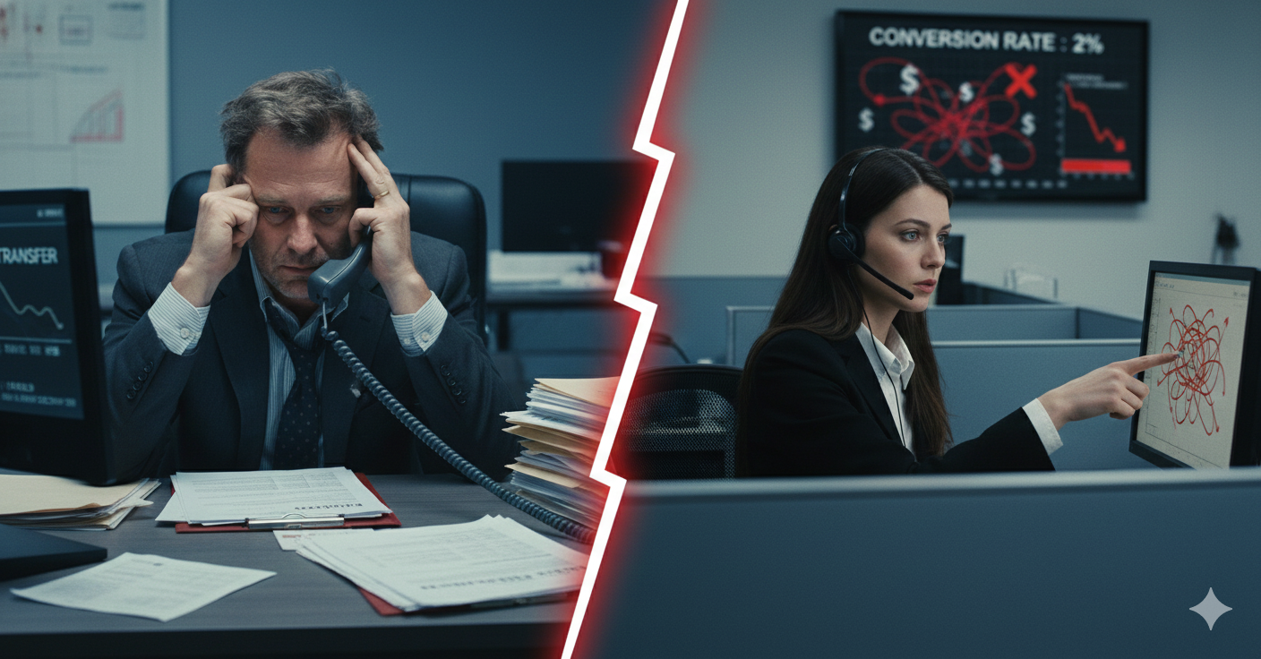 Life insurance agent receiving live transfer call with cost metrics visible