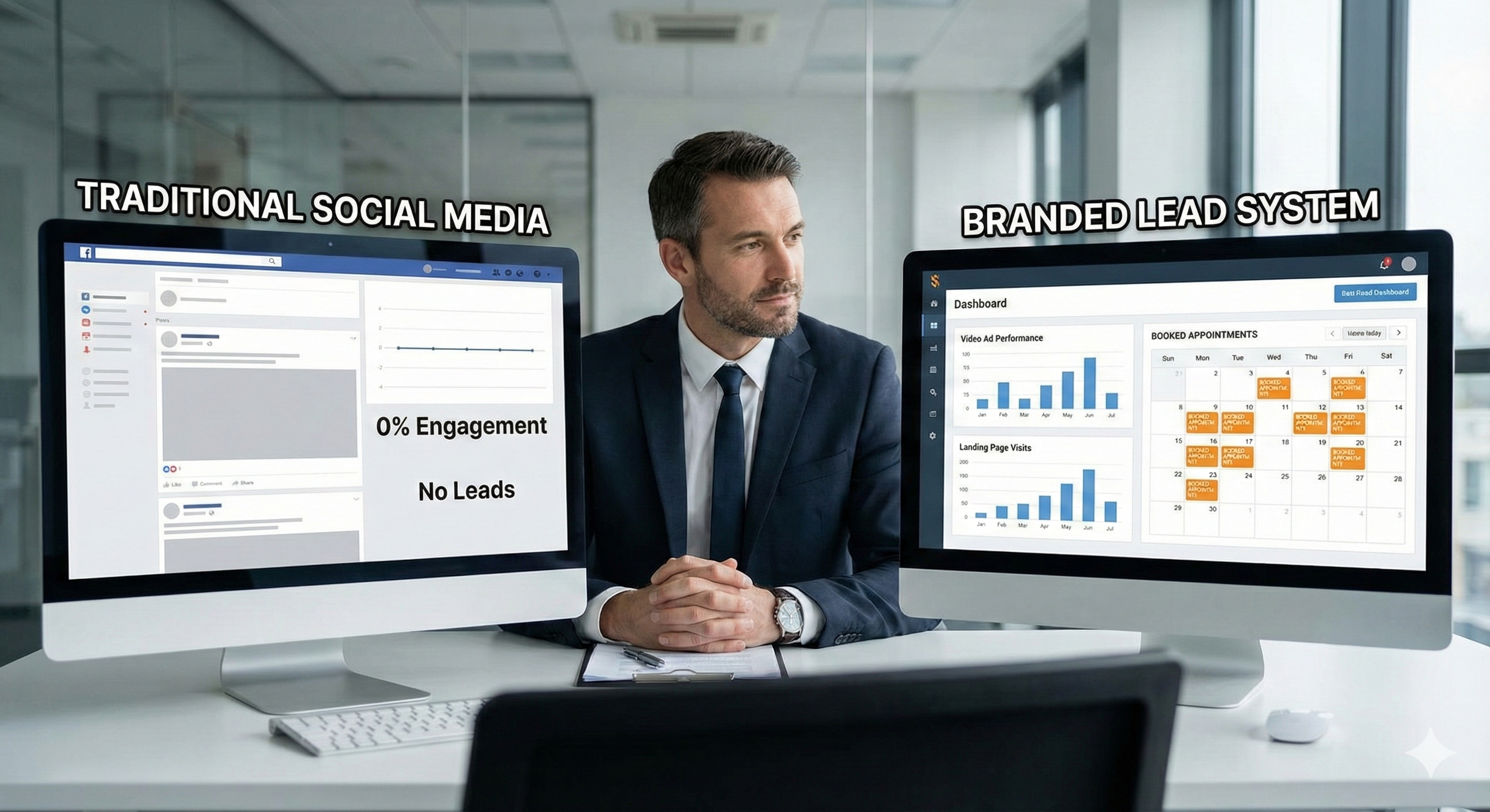 Financial advisor comparing traditional social media vs branded lead system