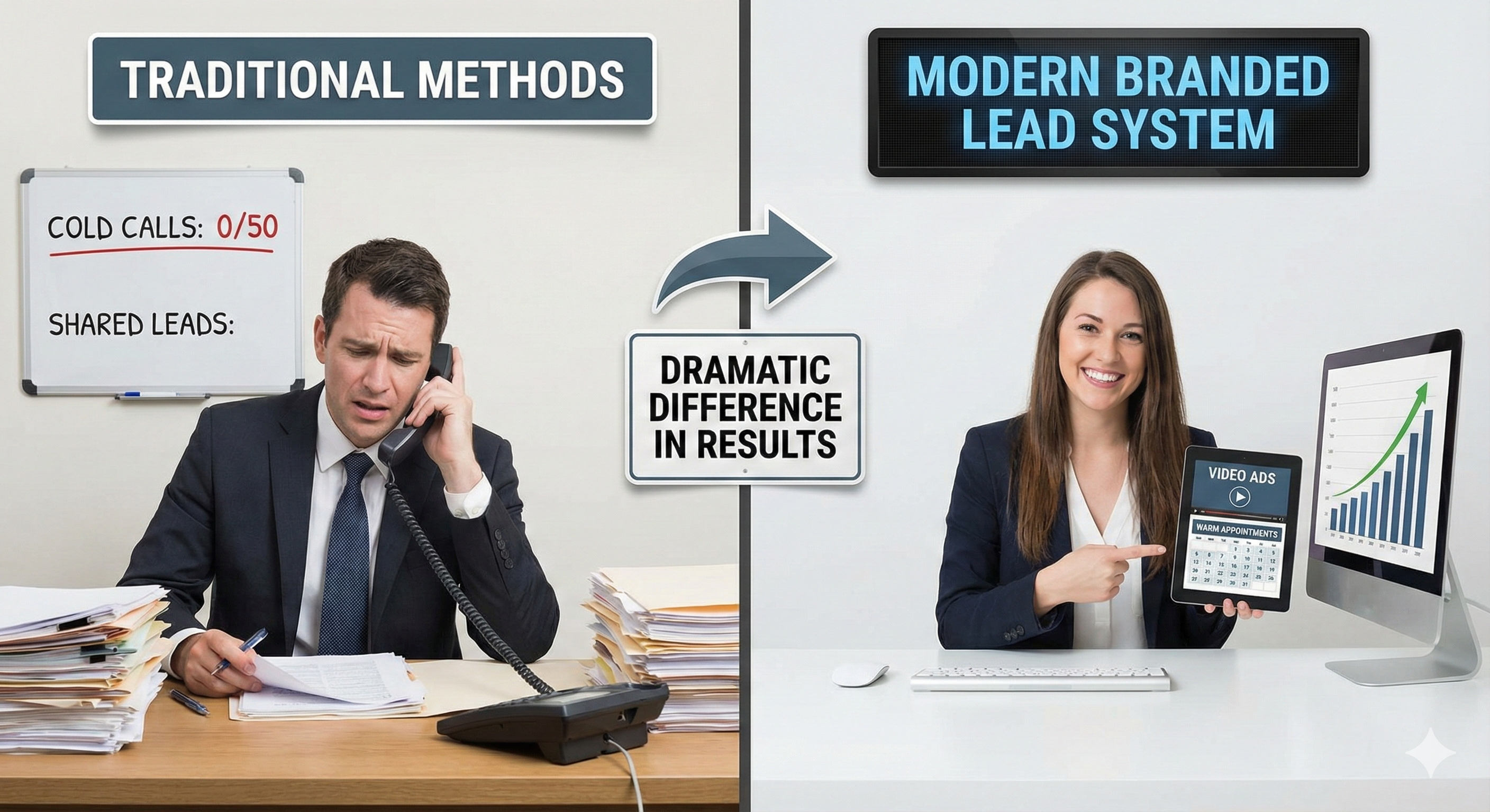 Life insurance agent comparing traditional vs modern marketing systems