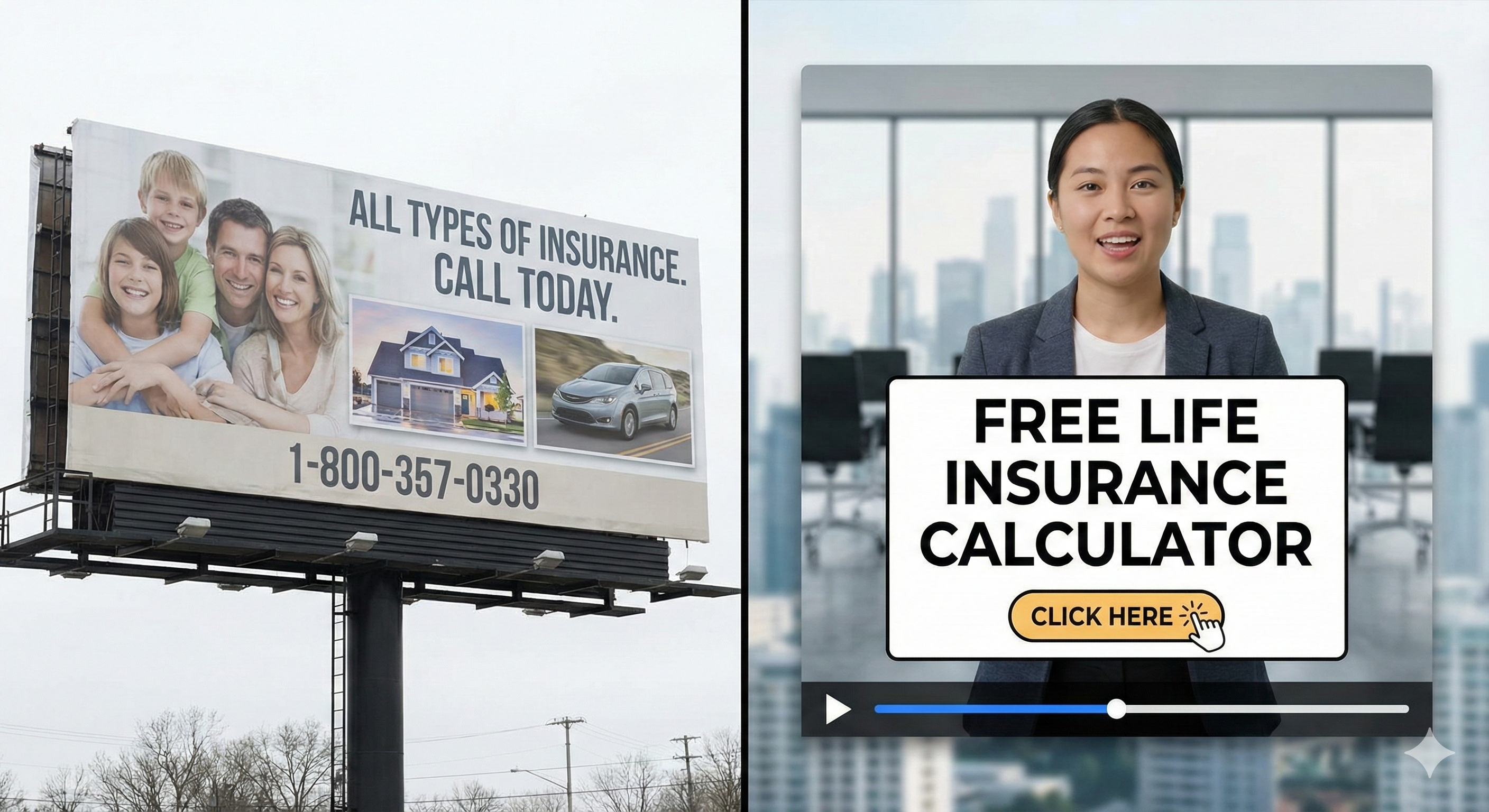 Comparison of traditional billboard ads vs effective video ads for insurance agents