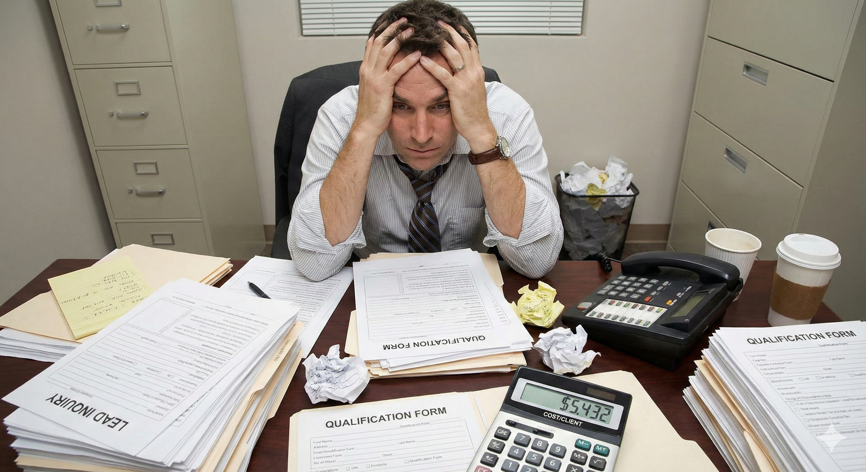 Frustrated financial advisor surrounded by failed lead generation methods