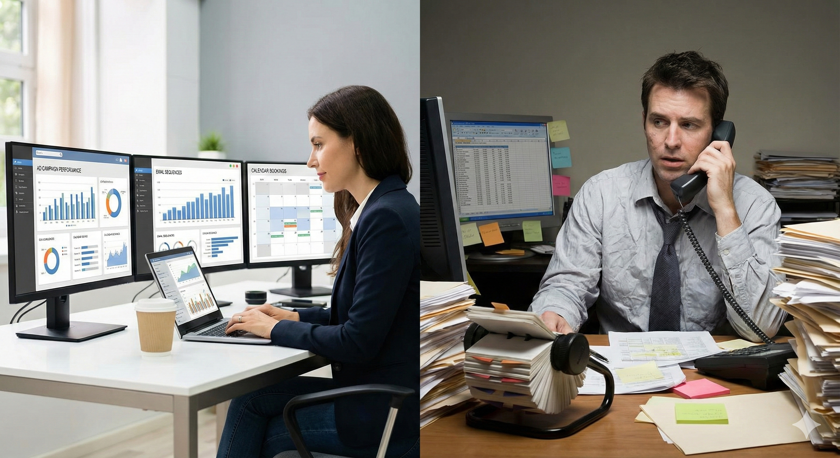 Life insurance agent comparing automated lead generation system vs manual cold calling