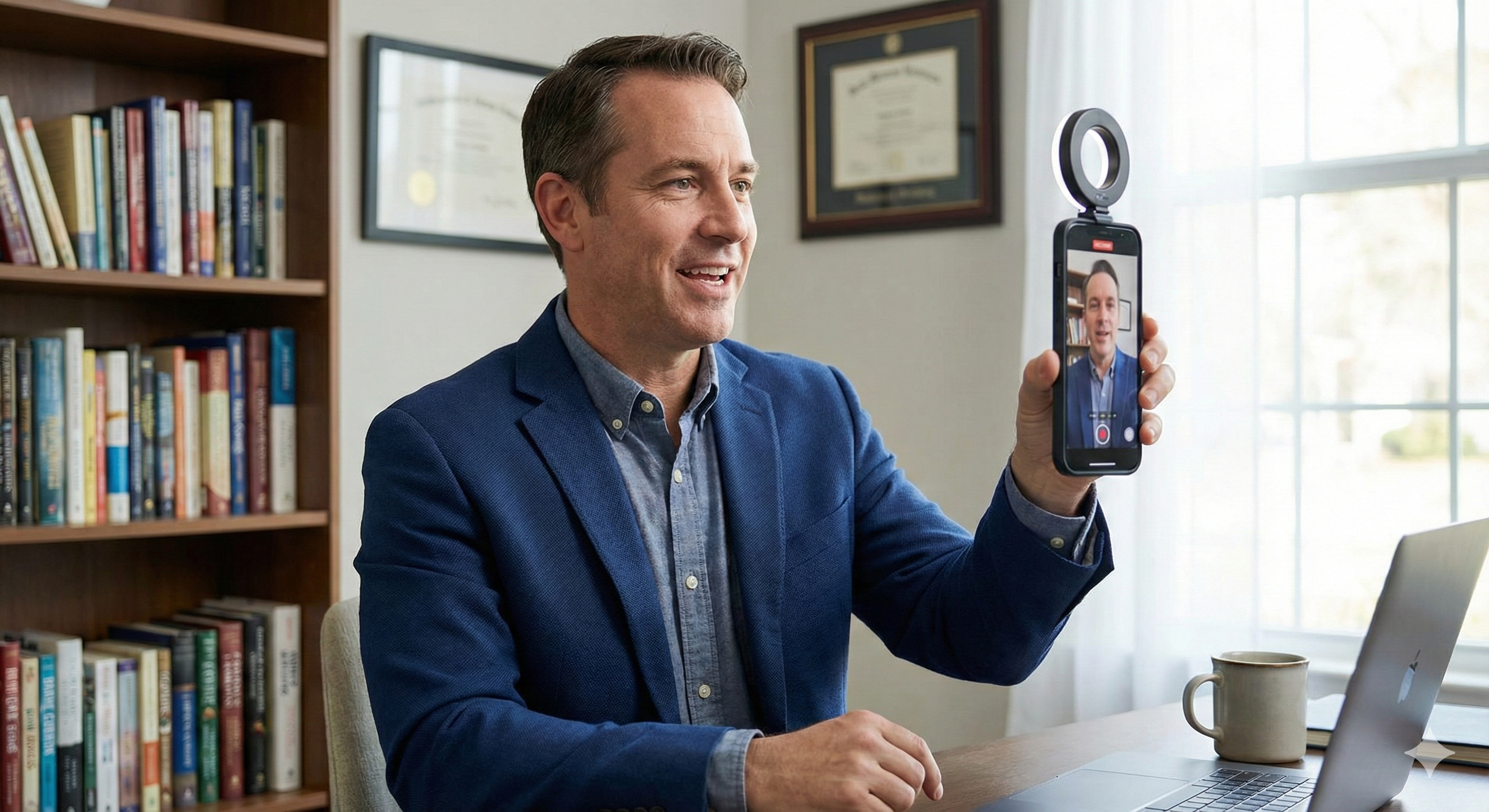 Insurance agent recording branded video ad