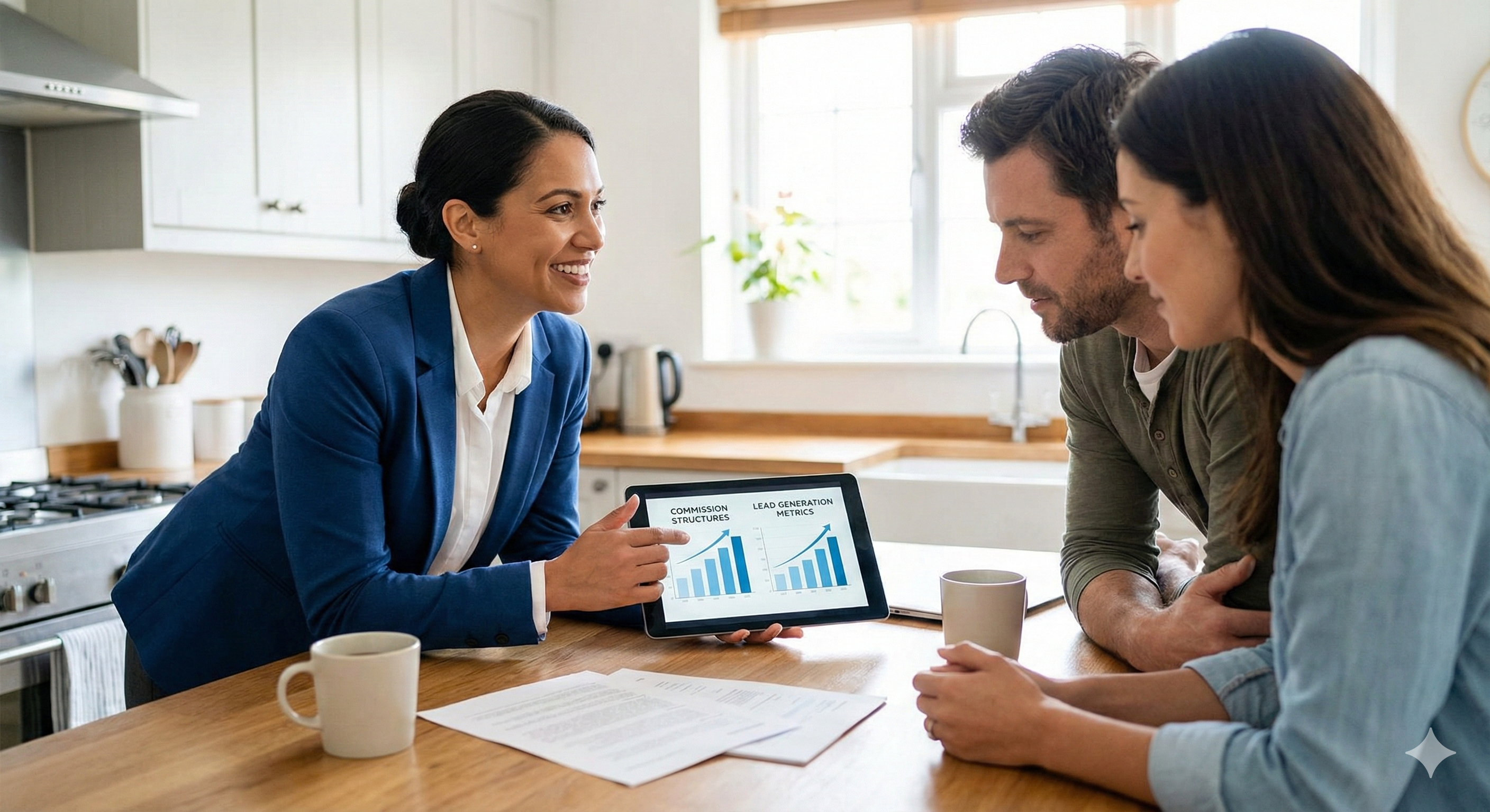 Life insurance agent explaining commission structure to prospects