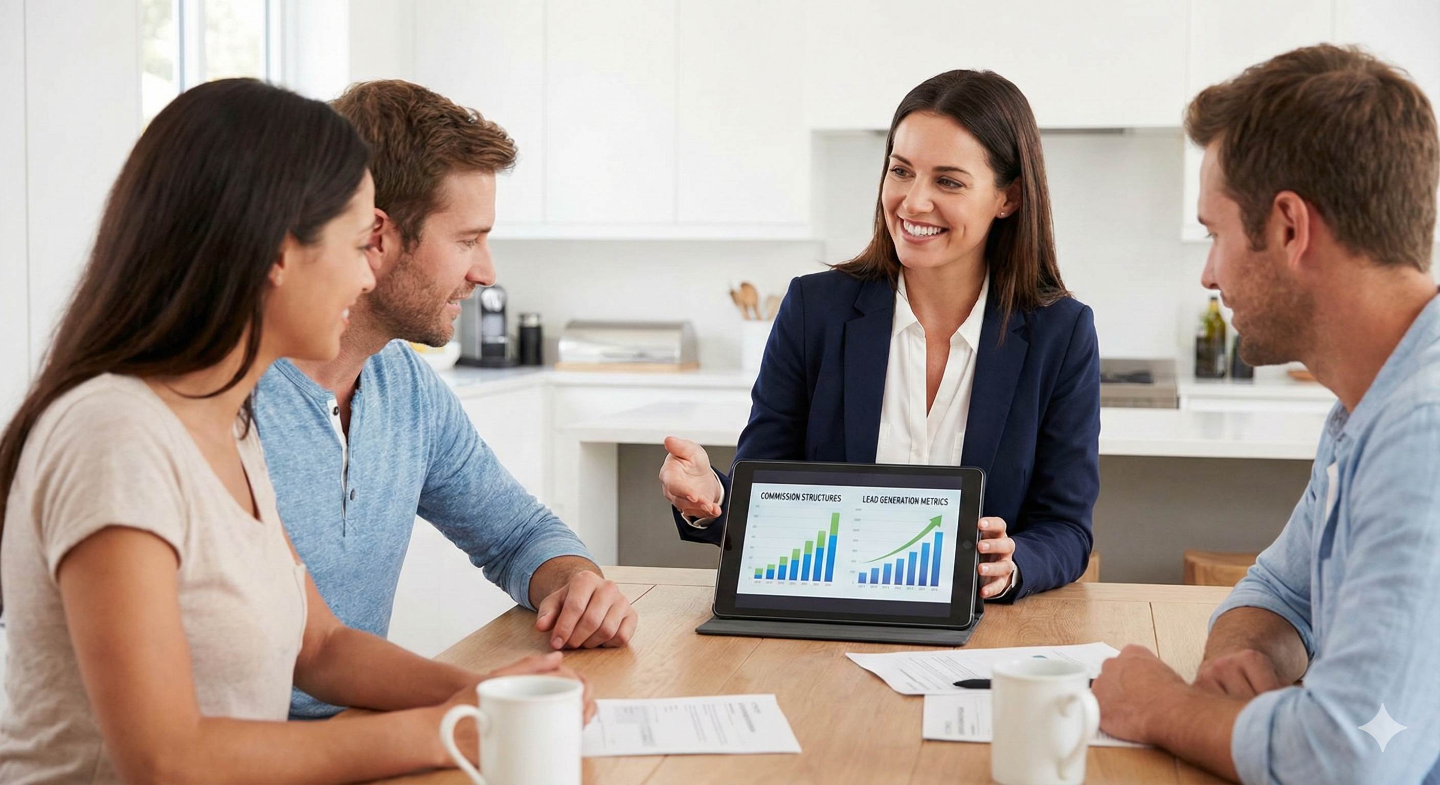 Life insurance agent explaining career path to prospects