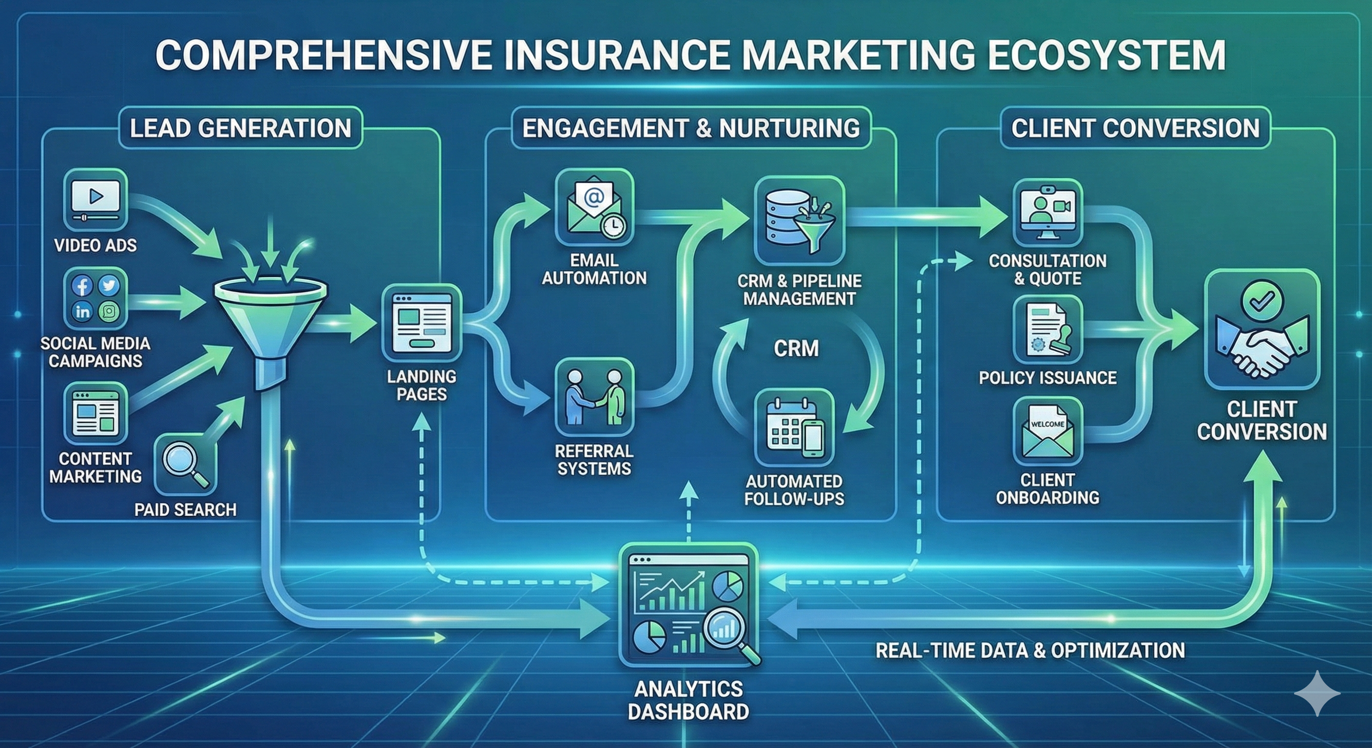 Complete insurance marketing ecosystem diagram showing lead generation to conversion