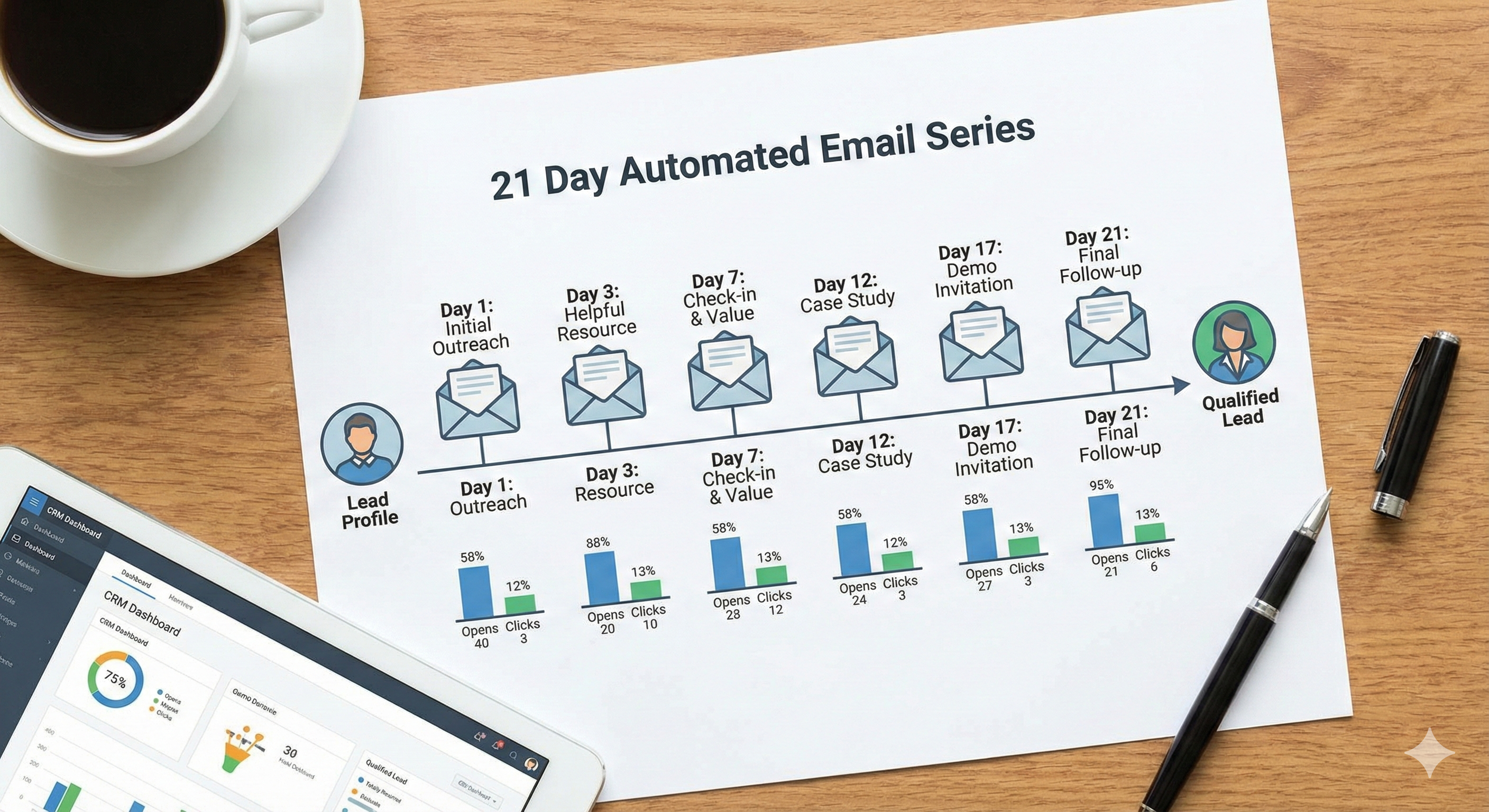 Automated lead follow-up system timeline showing 7 emails over 21 days