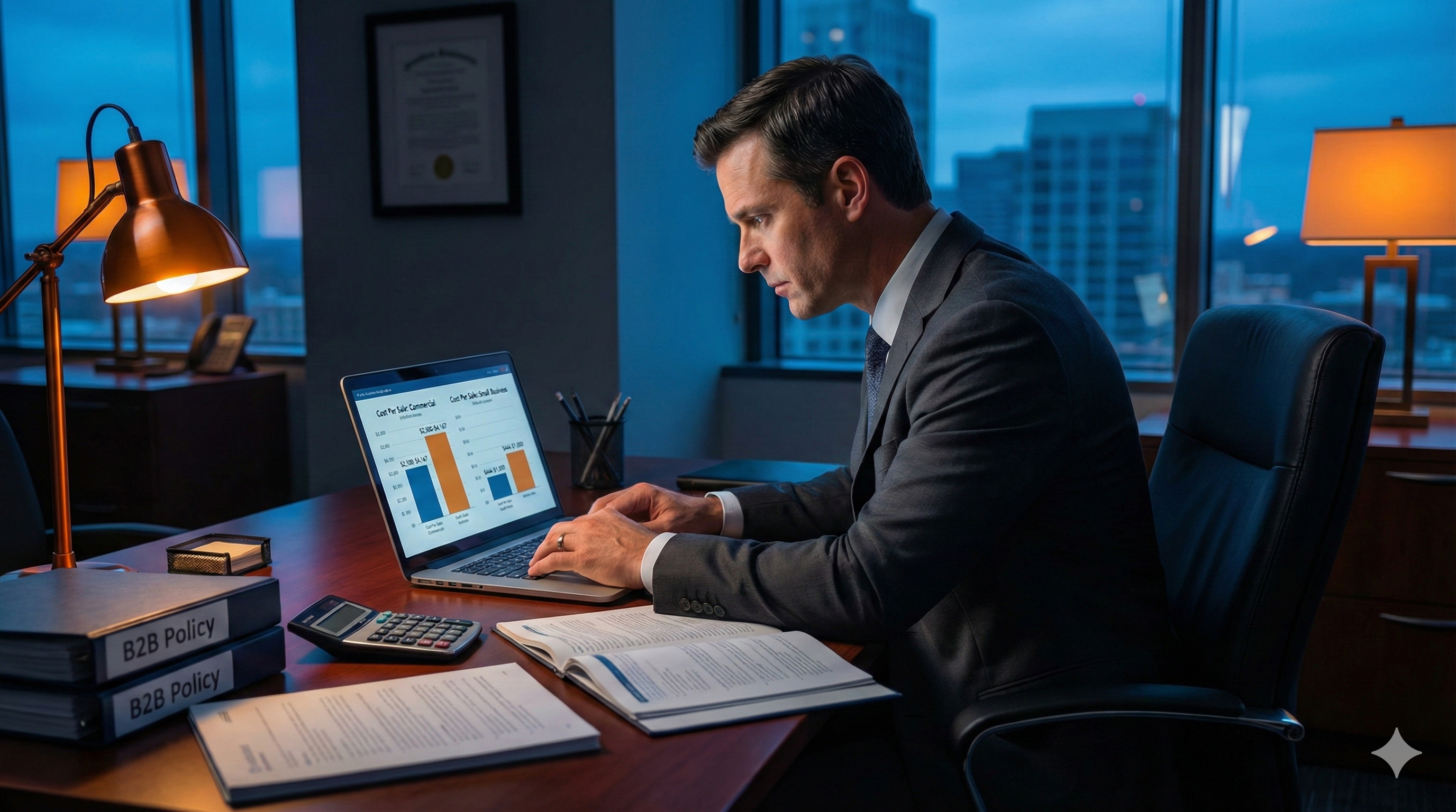 Commercial insurance agent analyzing business insurance needs with cost metrics