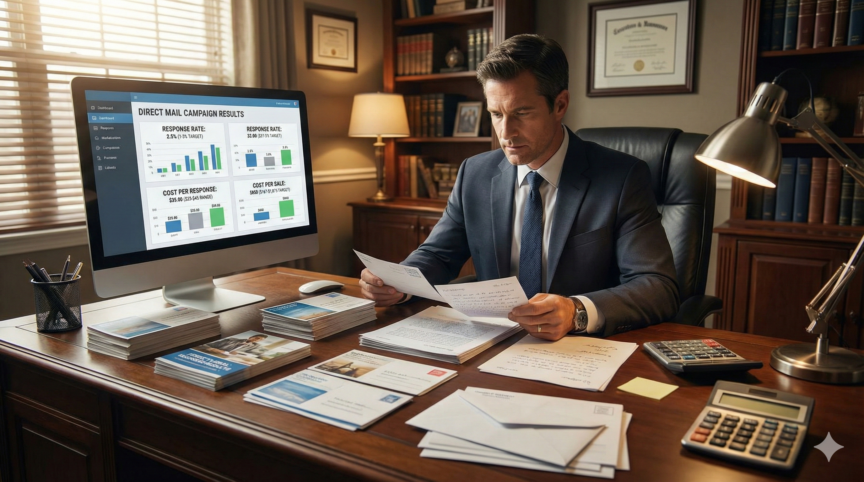 Insurance agent reviewing direct mail campaign responses with cost metrics
